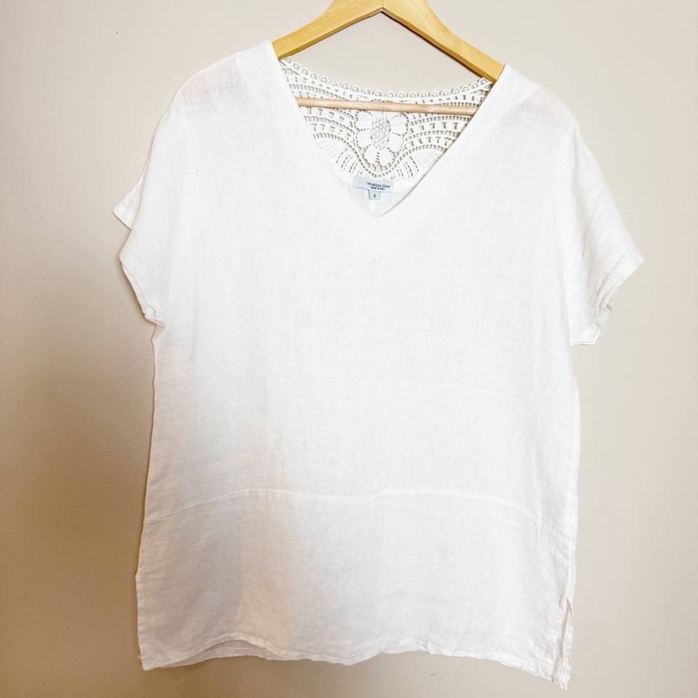 Vanessa Zani White Linen Lacy V-Neck Top Size S Made in Italy S